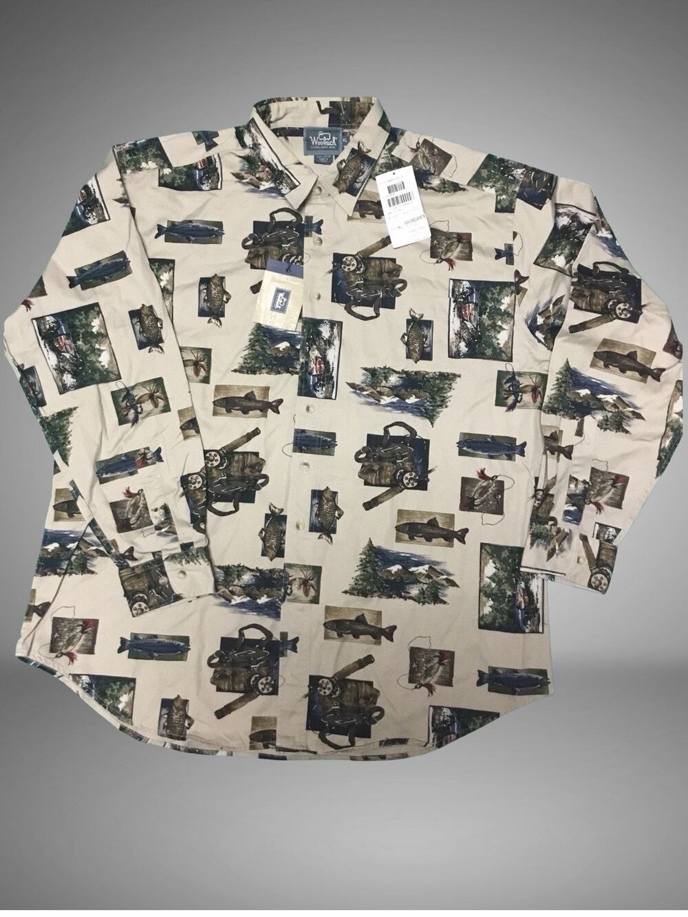 Vintage - Woolrich - FISHING - All Over Print Long Sleeve Button Down Shirt - XL